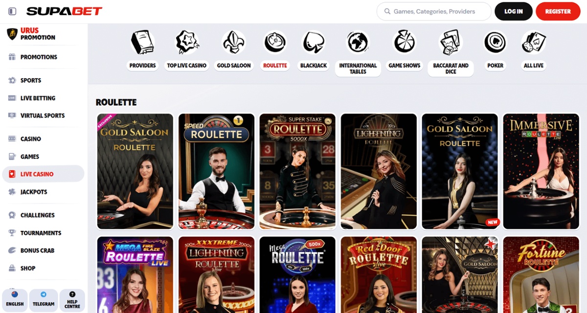 Supabet's roulette game lobby featuring Evolution titles